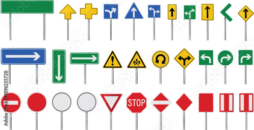 Road traffic sign collection showing warning direction stop priority and information signs colorful street transportation safety symbols flat vector illustration set