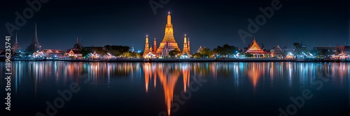 Wat Arun temple night panorama with river reflections and illuminated Bangkok skyline, Thailand