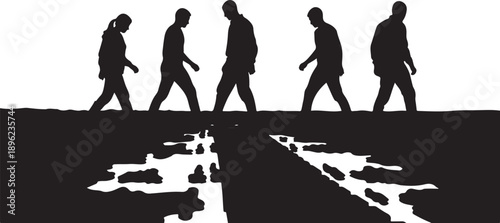 Silhouettes of people walking across a broken road together