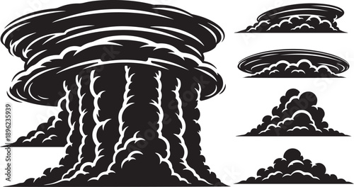 Black and White Illustration of Mushroom Cloud with Lightning