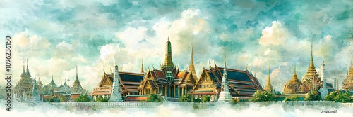 Watercolor Bangkok temple skyline panorama with iconic Thai architecture