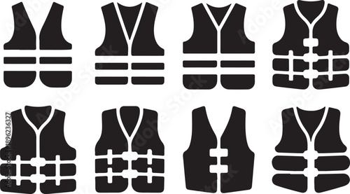 Safety Vest and Life Jacket Silhouettes Set Black Vector, Silhouette Vector