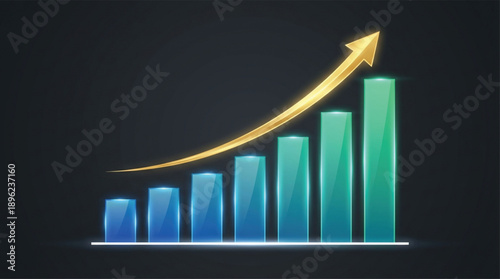 Increasing bar chart with rising gold arrow showing growth trend