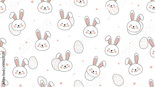 Lovely white bunnies and decorated easter eggs scattered on a white background with pink dots for springtime holiday celebrations.