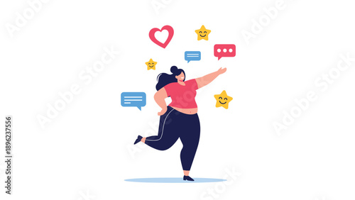 Cheerful plus size woman jumping for joy surrounded by heart star and chat bubble icons representing social media engagement and positivity.