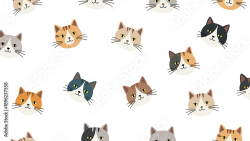 Various breeds of cute cat heads in different colors and patterns scattered on a white background for pet lover stationery and gifts.