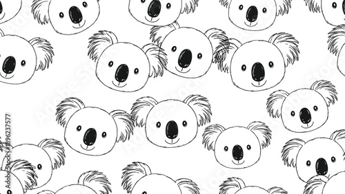 Hand drawn black and white koala faces scattered across a white background in a simple doodle style seamless pattern for nursery decor.