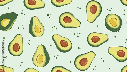 Sliced avocado halves with and without pits in a seamless pattern on a light green background perfect for kitchen decor and food blogging.