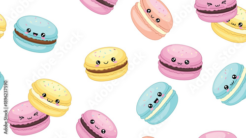 Colorful cute macaron cookies with happy faces and sprinkles scattered on a white background for sweet shop branding and stationery.