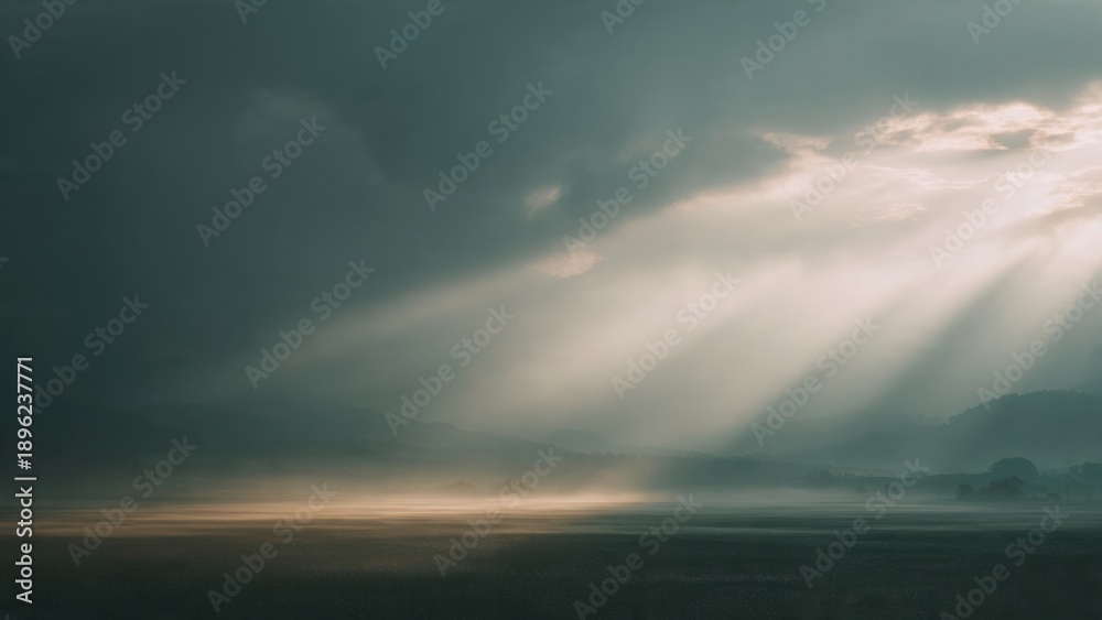 Naklejka premium Dramatic landscape with sun rays breaking through clouds over misty mountains