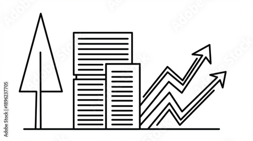 line drawing of building and tree with rising arrows