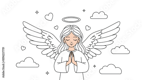 Sweet little angel with wings and a halo praying with closed eyes among soft clouds and hearts in a simple line art style.