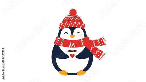 Joyful penguin wearing a warm red winter hat and scarf while holding a steaming mug of hot cocoa with a heart on it.