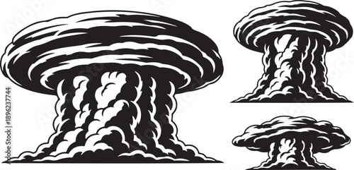 Black and white illustration of mushroom cloud explosion