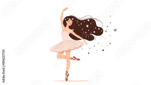 Beautiful ballet dancer with long flowing hair and a pink tutu performing a graceful move surrounded by a trail of sparkling stars.