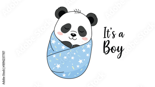 Adorable baby panda sleeping soundly while wrapped in a blue starry swaddle with the text its a boy for a birth announcement.