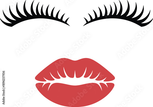 Vector illustration of red lips and eyelashes, feminine beauty makeup elements, sensual face details, minimalist cosmetic design isolated white background