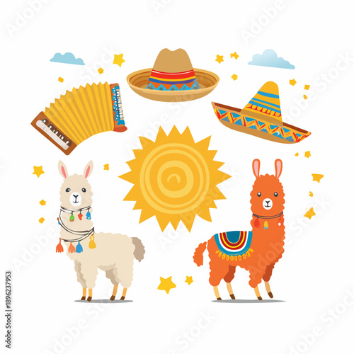Mexican Llama Illustration with Sombreros, Accordion, and Sun Elements