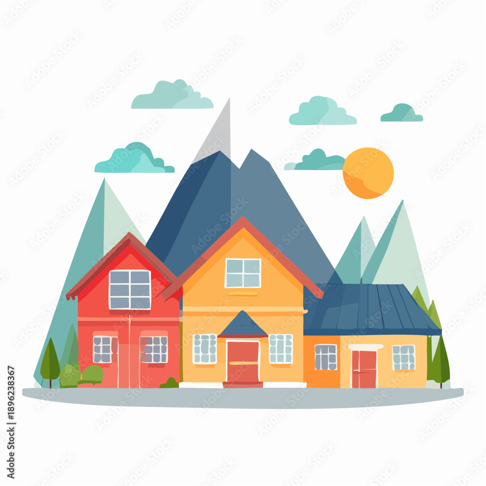 Fototapeta premium Flat Vector Illustration of Houses with Mountains and Sun