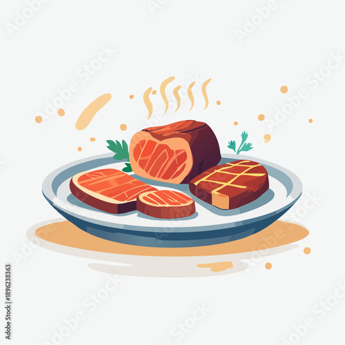 Flat Vector Illustration of Cooked Meat Served on a Plate