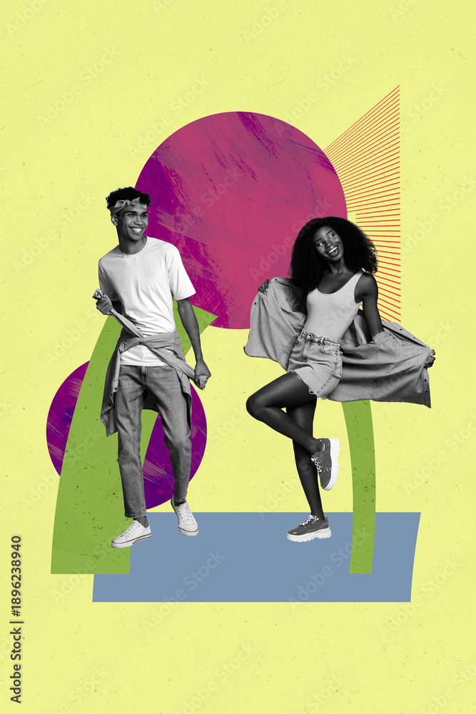 Obraz premium Trendy art vertical image zine photo collage of happy girl guy friends dance weekend chill party celebration clubbing event