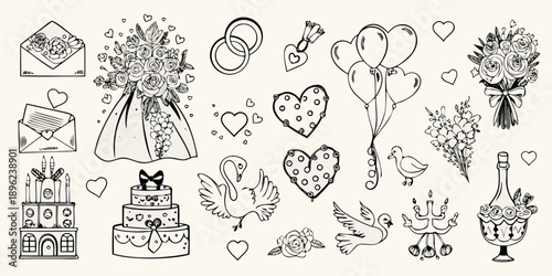 Elegant wedding elements rings bouquets cakes hearts and celebratory decorations