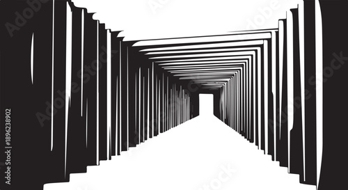Monochromatic illustration of a long corridor with perspective view