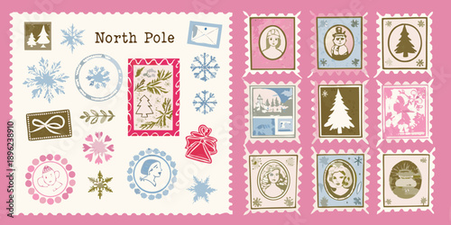 A collection of vintage style christmas postage stamps and seasonal illustrations