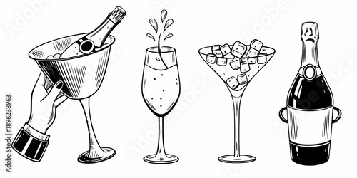Elegant champagne bottles glasses and ice bucket in a black and white sketch