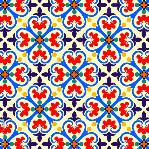 Vibrant Seamless Mediterranean Tile Pattern with Floral Ornaments