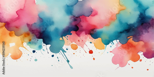 Artistic abstract colorful watercolor background design featuring vibrant pink ink splashes and paint splatters on a grunge paper texture illustration with decorative heart patterns and spots