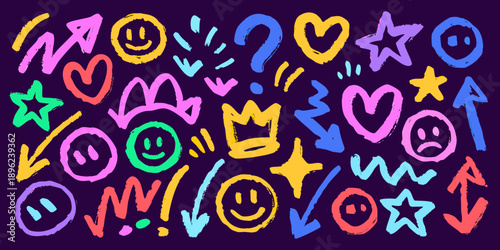 Colorful doodle pattern with hearts stars faces and various playful shapes