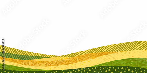 Rolling hills and grassy fields in a vibrant stylized landscape illustration