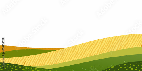 A simple illustration of rolling hills with green fields and golden wheat