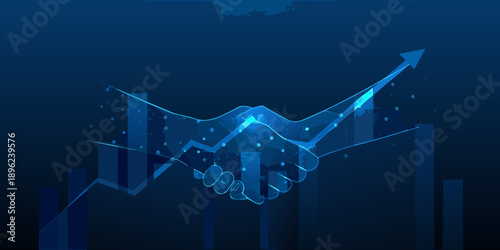 Digital handshake with rising graph demonstrating successful business partnership and growth