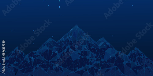 Abstract polygonal mountains against a dark blue starry night sky