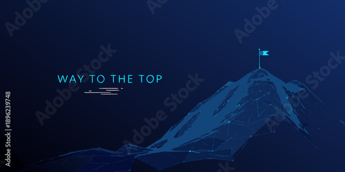 A polygonal mountain peak with a flag showcasing the way to the top