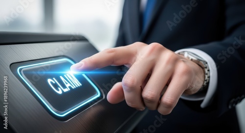 Closeup Businessman Hand touching Claim button, representing insurance reimbursement, reward redemption, taking ownership, and asserting rights.
