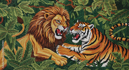 Close-up embroidered view of a lion and tiger snarling aggressively amidst dense green leaves, folk art