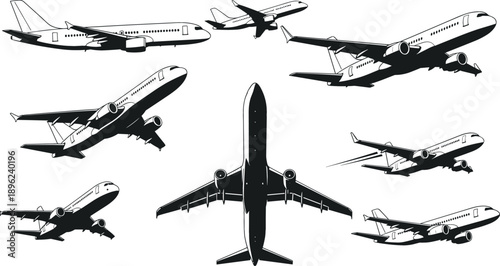 Large set of commercial airplane silhouettes and aircraft icons in various flight angles for travel and aviation design
