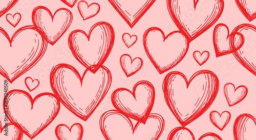 Hand Drawn Red Hearts on Pink Background.