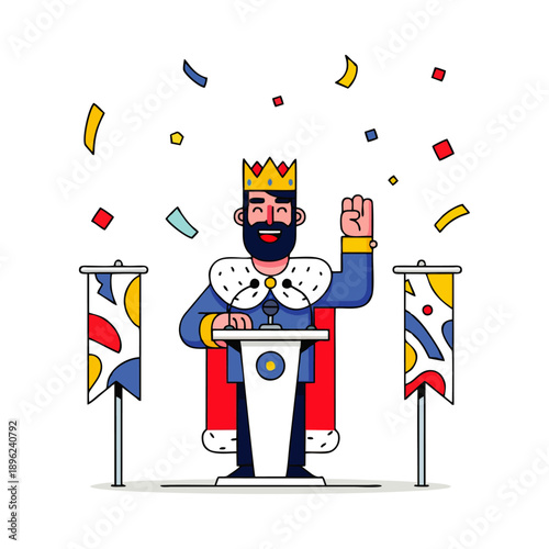 A cartoon king in a blue and gold costume waves from a podium with colorful confetti and flags on a white background.