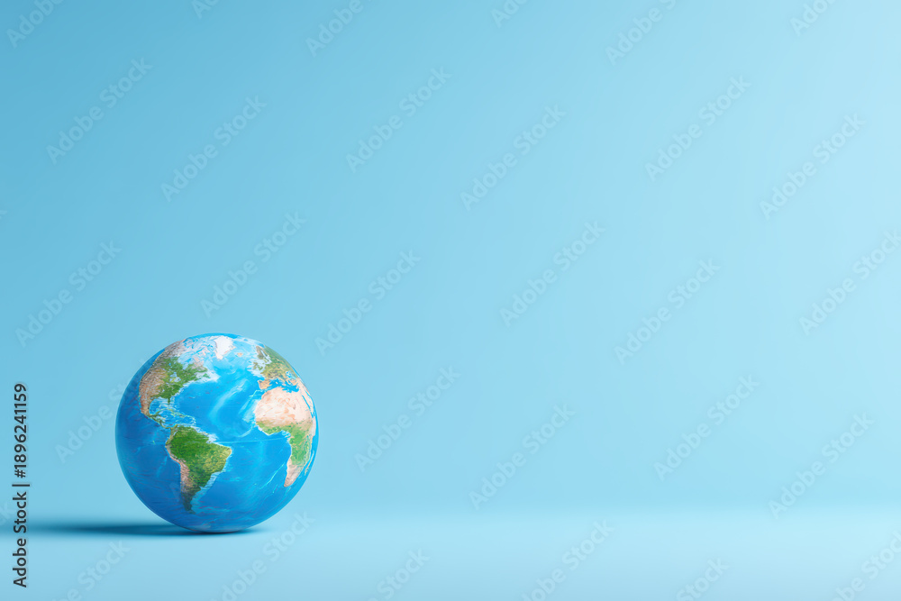 Fototapeta premium Realistic globe showing continents and oceans on smooth blue background, symbolizing global connection and environmental awareness in minimal style