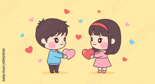 Cartoon Boy and Girl Holding Hearts Together.