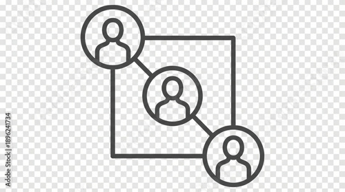 Three connected people icons in a square network isolated on transparent background