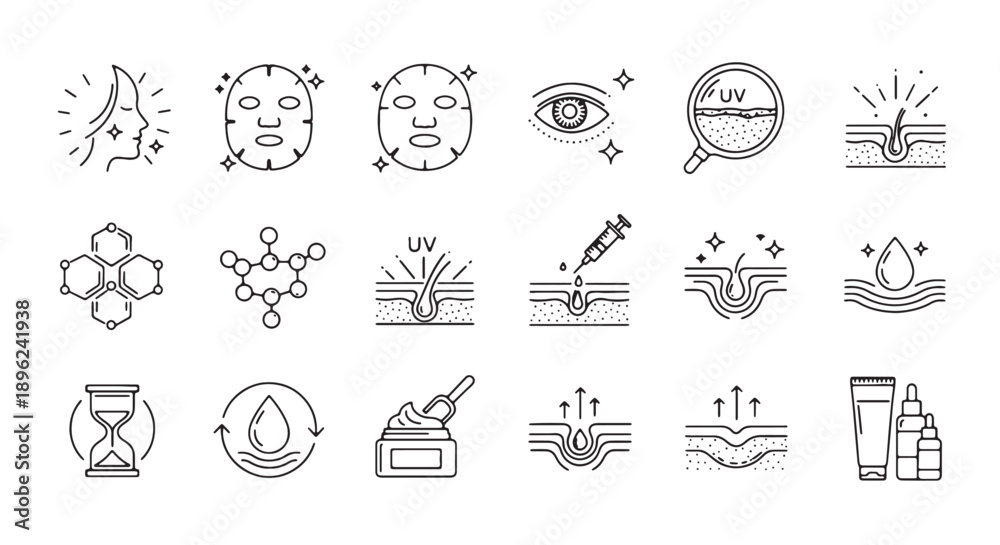 Fototapeta premium Skincare routine icons, line art illustrations for beauty or wellness, vector graphics for website or app, isolated on transparent background, png