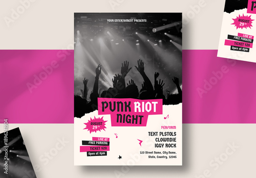 Punk Rock Night Music Concert Flyer Template with Pink Accents