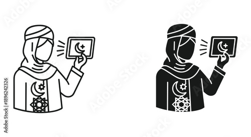 Muslim woman holding phone with crescent moon symbol, simple line art, white and black