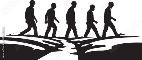 Silhouette of five men walking together in unity and harmony