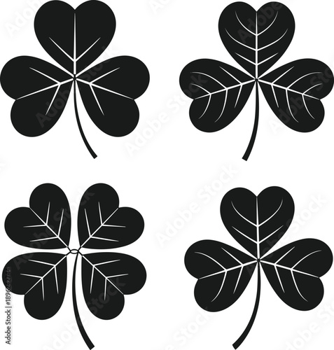 Black shamrock and four leaf clover silhouette icons set isolated on white background, luck symbols for Saint Patricks Day, vector. (20 words)